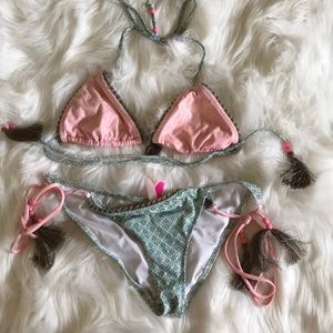Super cute pink and green tassel tie VS bikini
